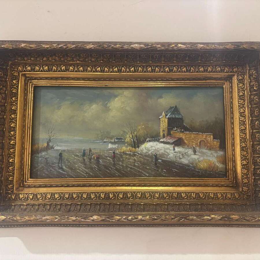 Original Vintage Oil On Board Painting | Winter Landscape | Dutch Ornate Gilt Frame Signed By Artist
