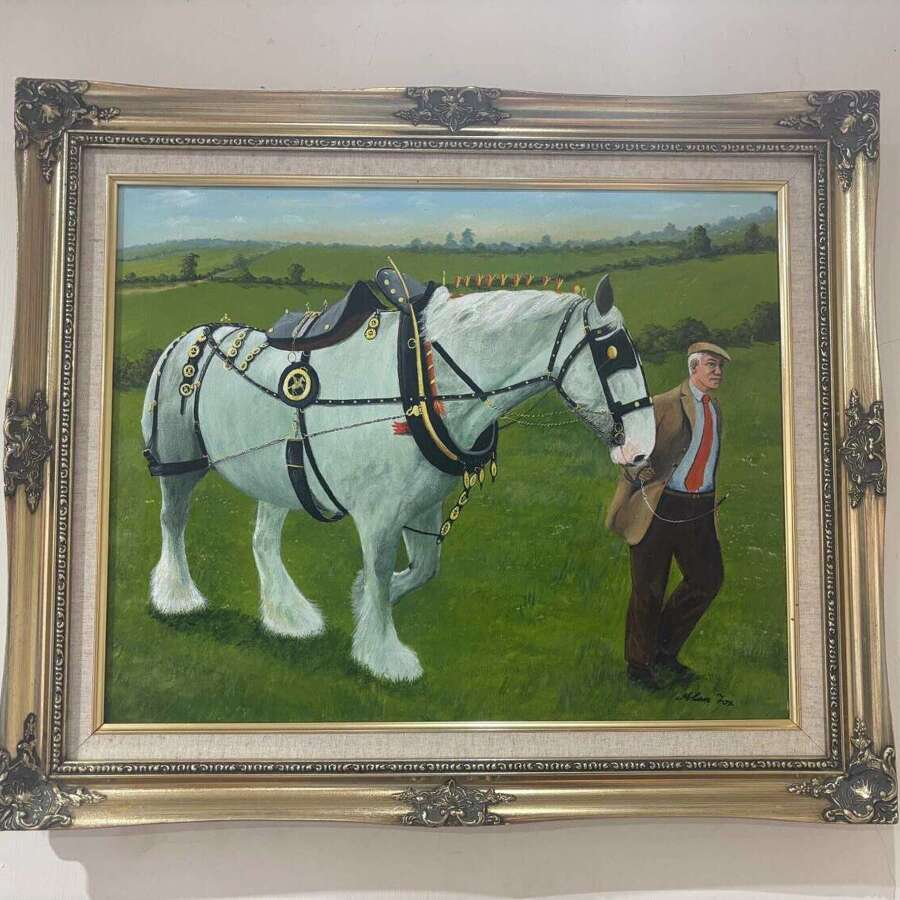Beautiful Vintage Oil Painting Of Shire Horse Being Led By Gentleman Signed