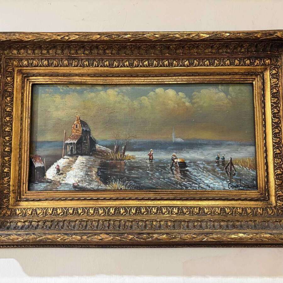 Original Vintage Oil On Board Painting | Winter Landscape | Dutch Ornate Gilt Frame Signed