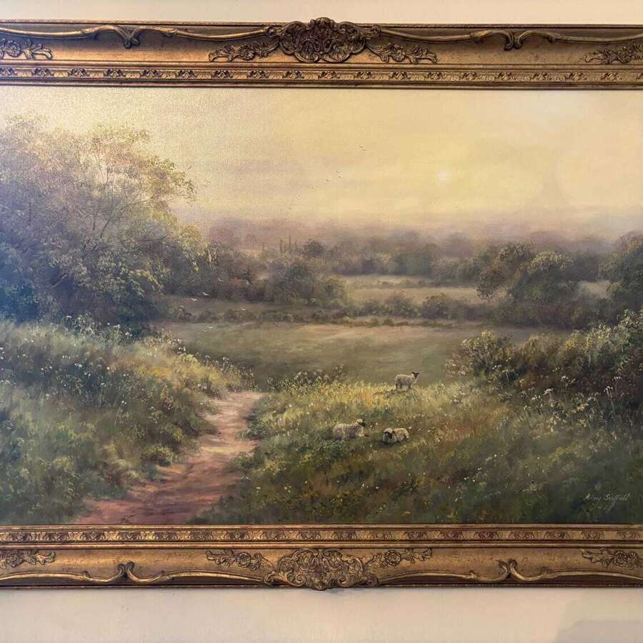 Oil On Canvas By Hilary Scoffield. Pastoral Scene Sheep Grazing Ornate Frame