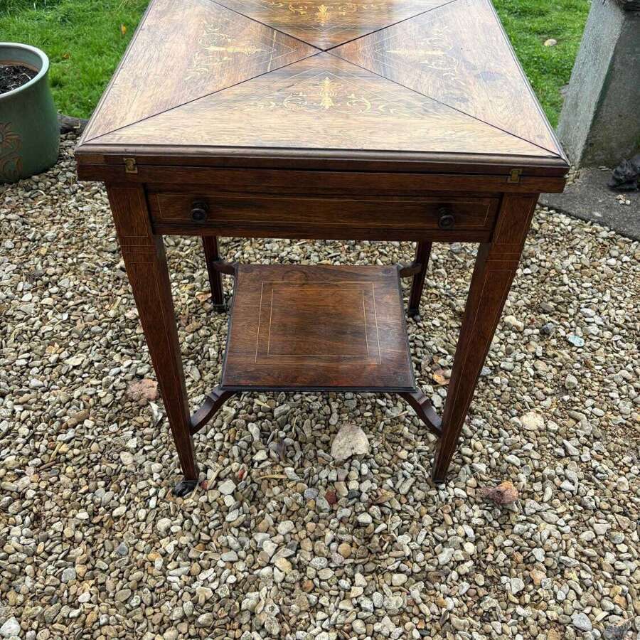 Antique Edwardian Rosewood Marquetry Inlaid Envelope Games Card Table 1900s