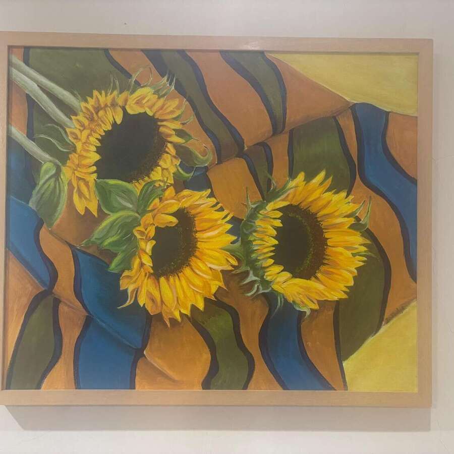 Superb Large %26 Very Unusual Oil Painting Artwork Of Sunflowers Signed And Framed