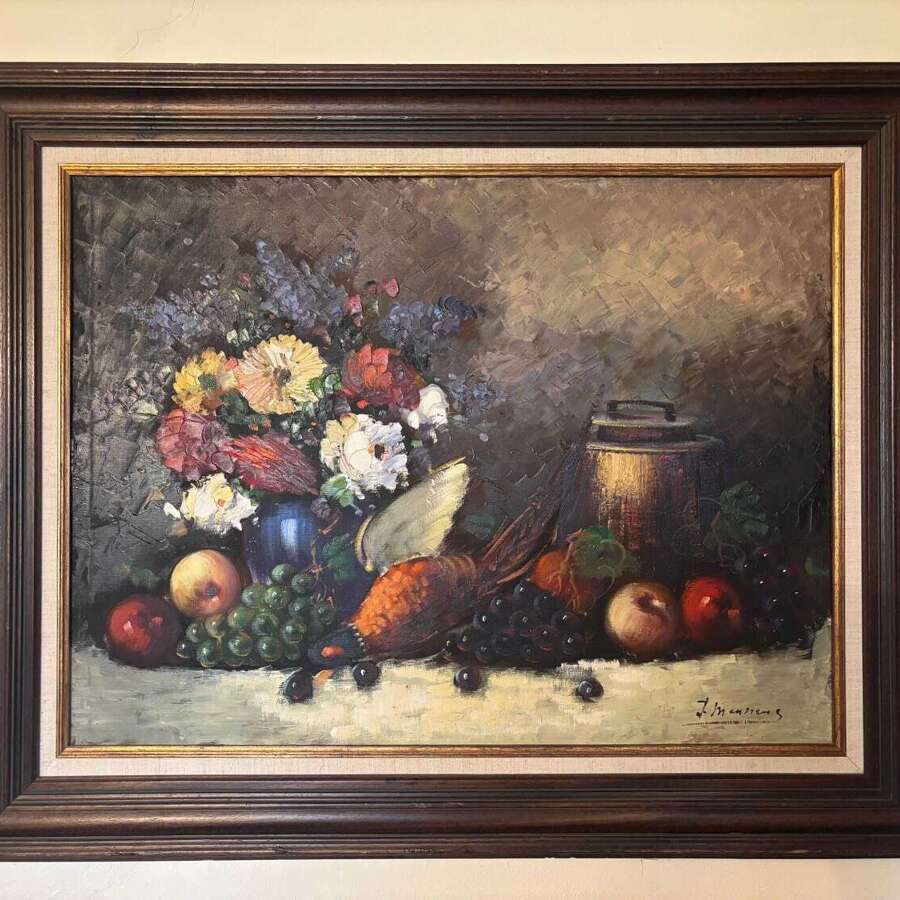 Large Flemish Floral %26 Game Still Life Oil On Canvas Painting. Mid Century