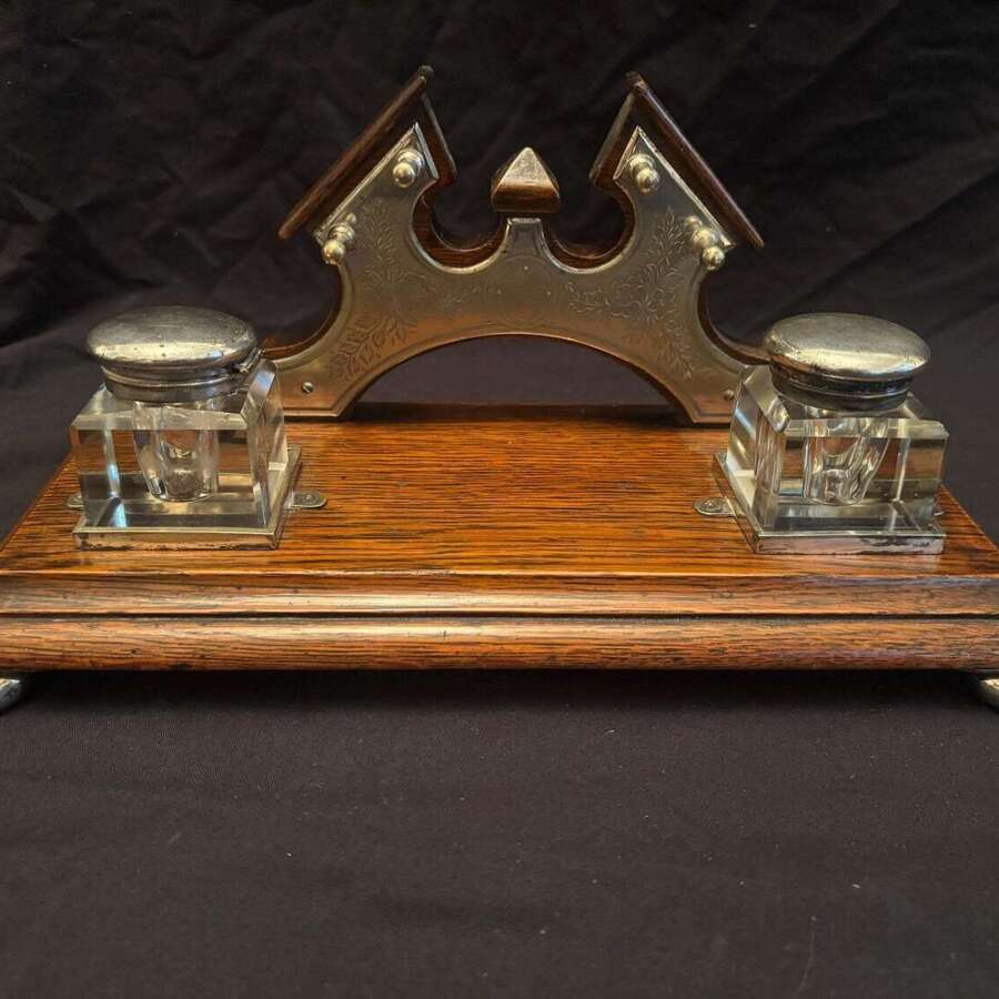 Antique Victorian Oak And Silver Plate Mounted Desk Stand Inkstand Inkwells