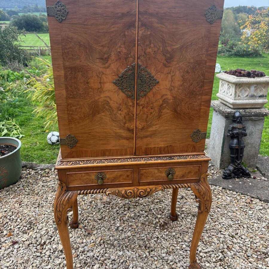 Vintage Walnut Cocktail Cabinet With Queen Anne Legs And Ball Carved Feet