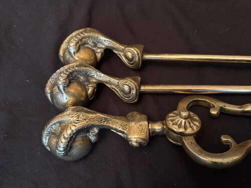Large Antique Solid Brass Ball %26 Claw Fireside Companion / Tool Set