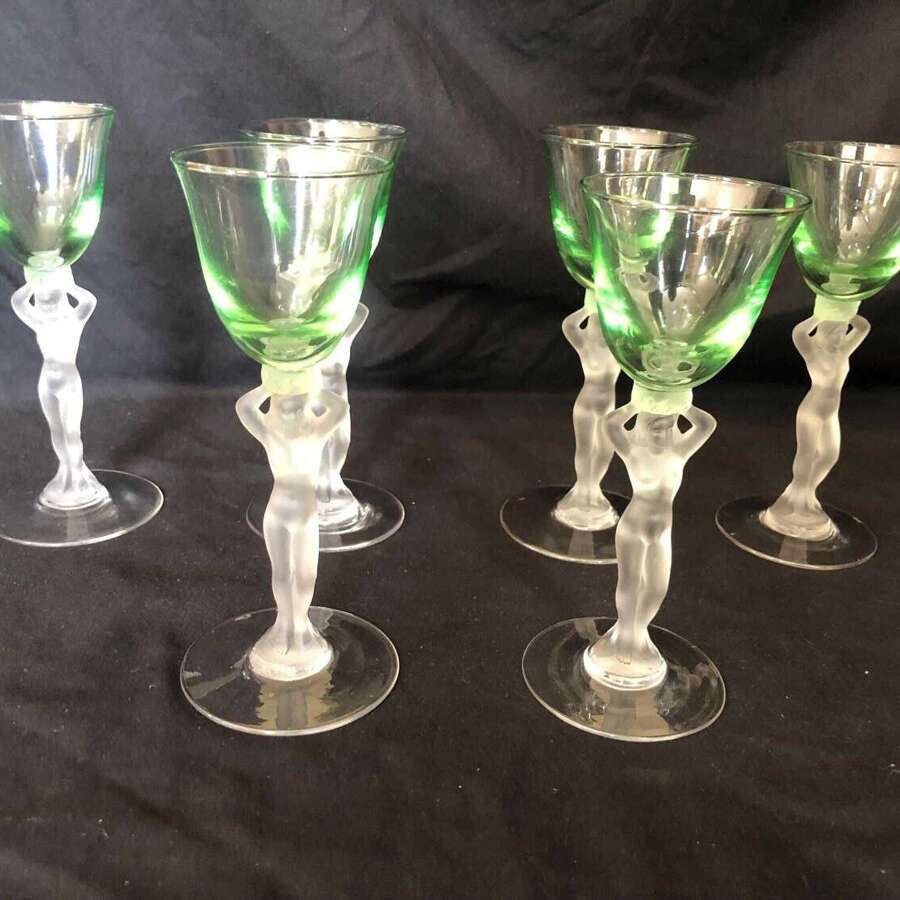 Six Bayel Crystal French Vintage 50's Venus Frosted Glasses Nude Lady Cordial
