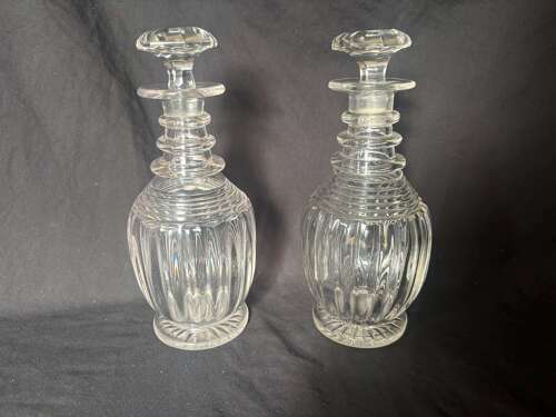 Pair Of Regency Circa 1810 Cut Glass Footed Decanters Mushroom Stoppers
