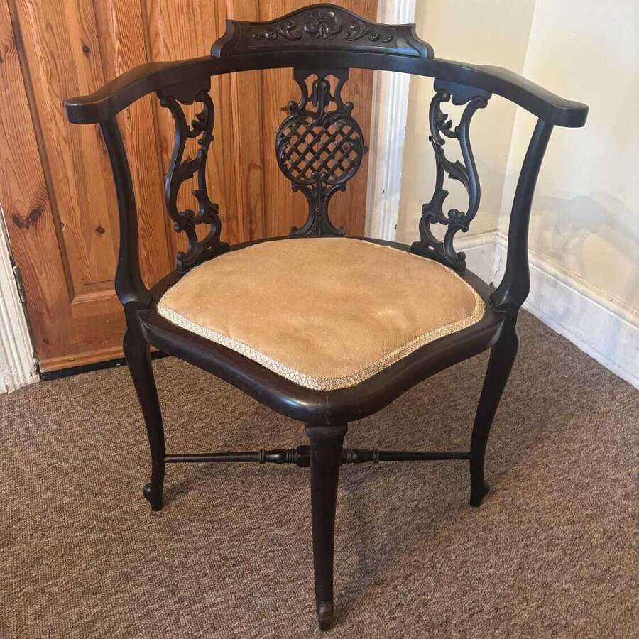 Antique Edwardian Ebonized Corner Chair Ornate Pierced Carved Splats