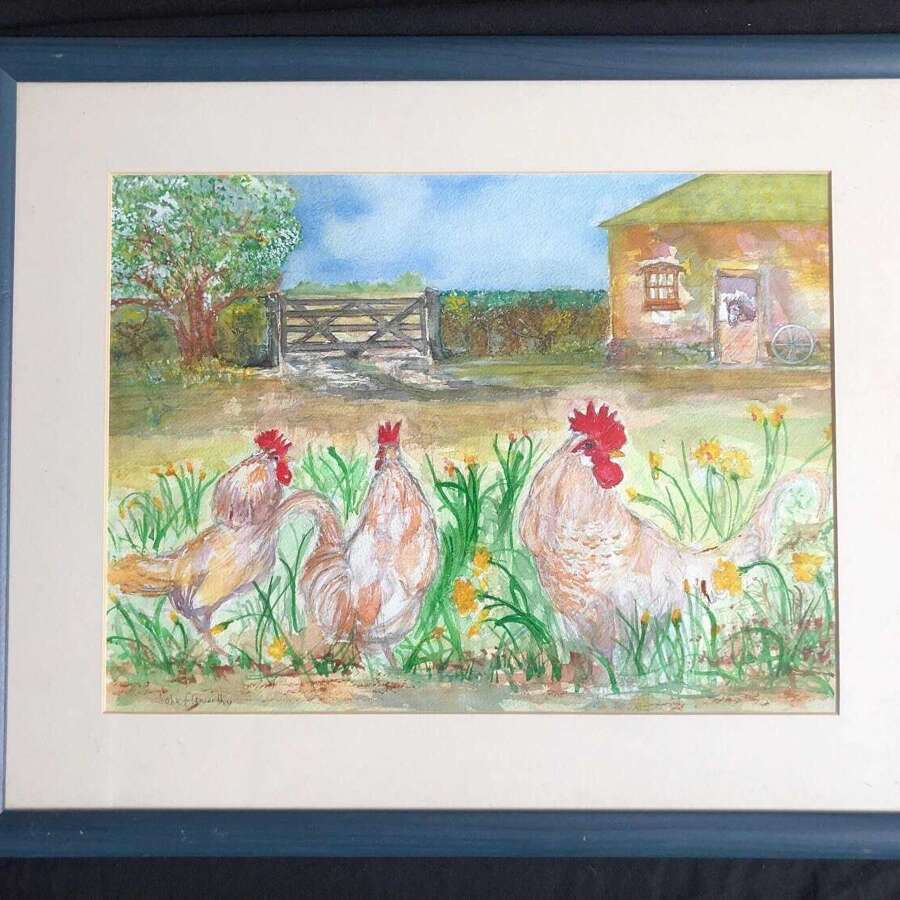 Barn Door Cockerels Water Colour Painting By John Elsworthy