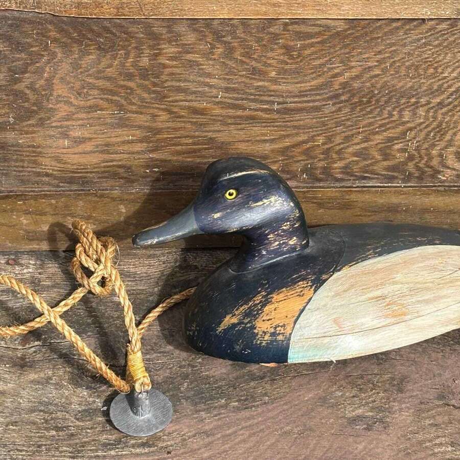 Vintage American Traditional " Scaup" Decoy Wooden Duck With Tethering Rope