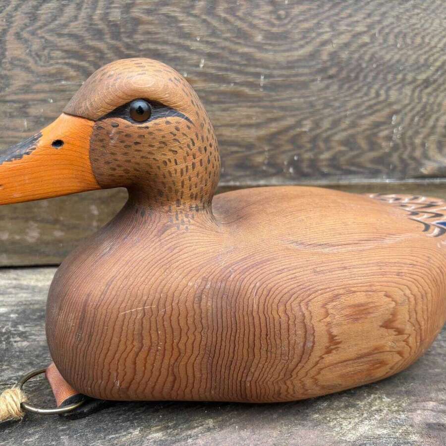 Vintage " Den Bannister Wooden Hand Painted Decoy Duck With Glass Eyes Mallard Duck