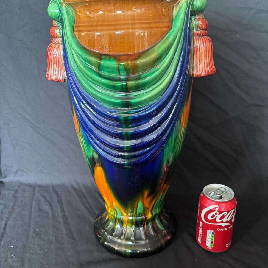 Large Vintage Majolica "Swag %26 Tassel" Vase Sancai Style Pottery Vase 18"