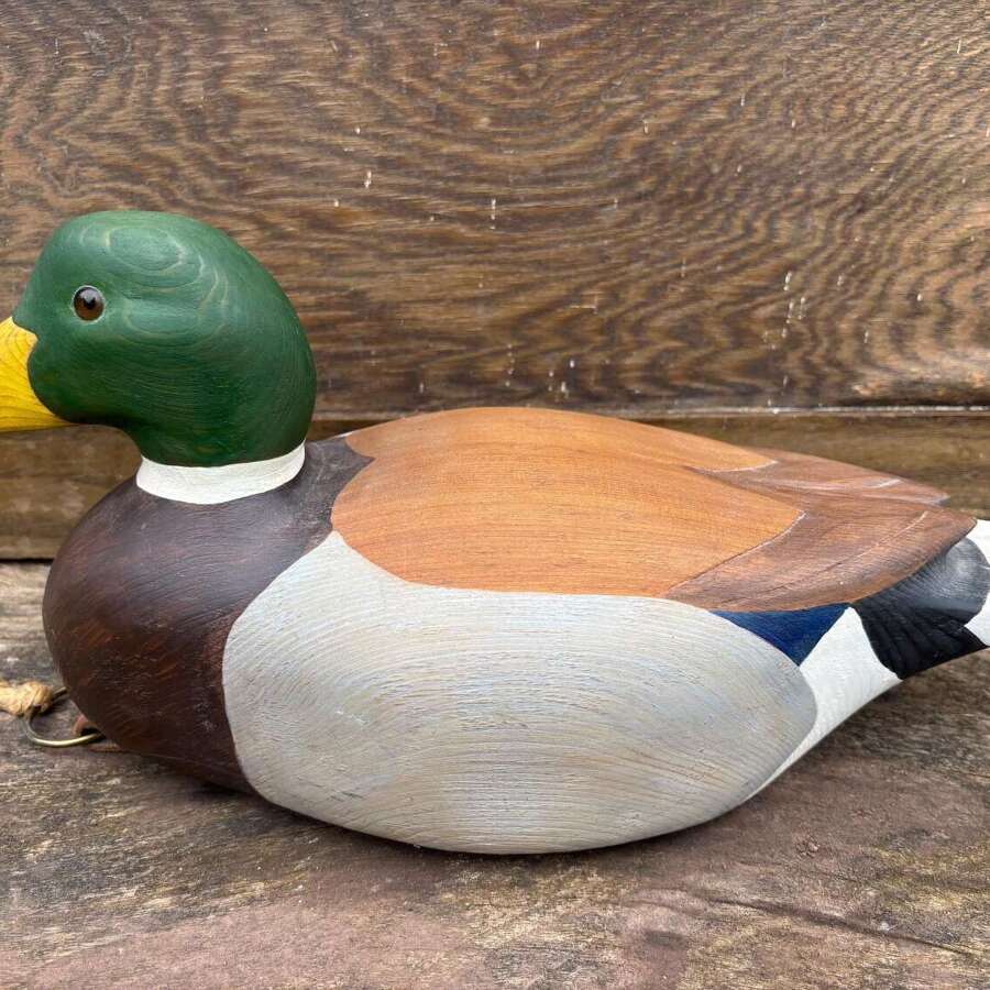 Vintage " Den Bannister Wooden Hand Painted Decoy Duck With Glass Eyes Mallard Drake