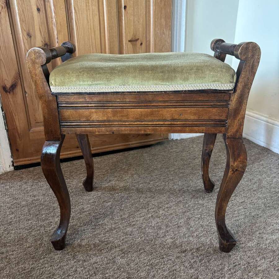 Ntique Edwardian Piano Stool, Cabriolet Legs, Turned Wood Handles, Velvet Seat