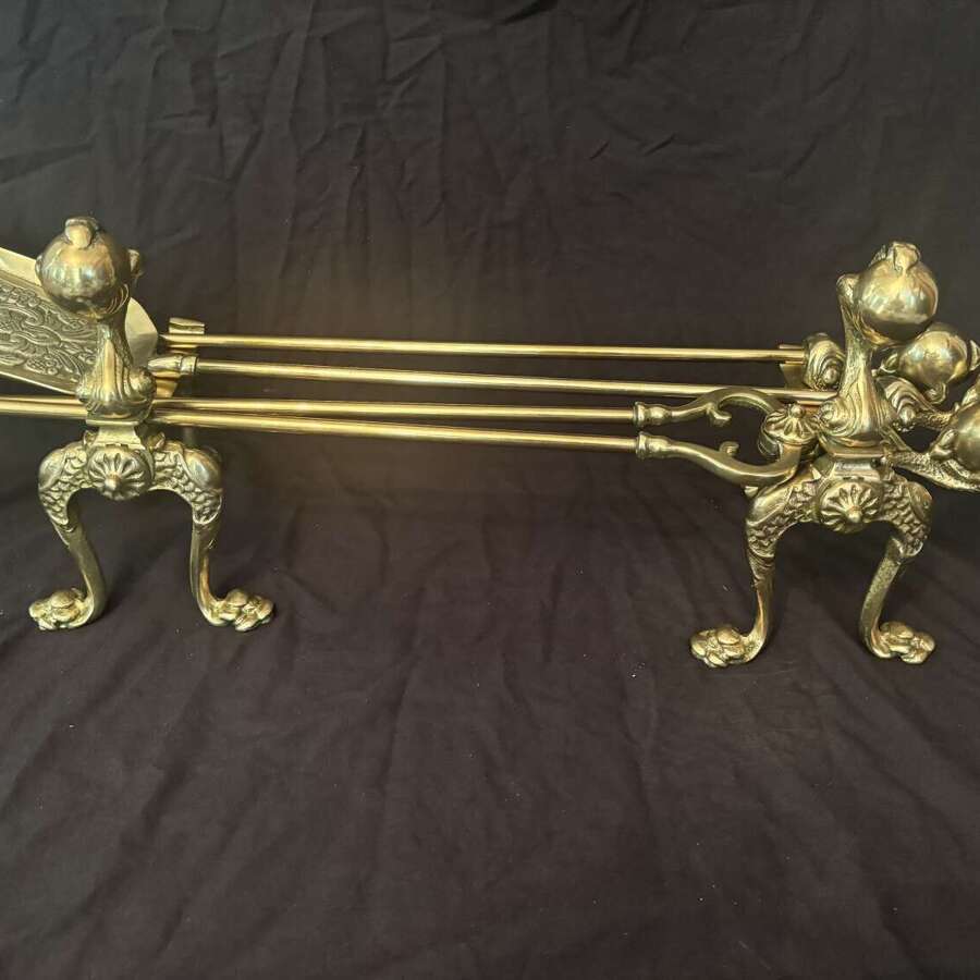 ANTIQUE GILT BRASS FIRE TOOL SET BALL & CLAW POKER TONGS SHOVEL CHENETS OR DOGS