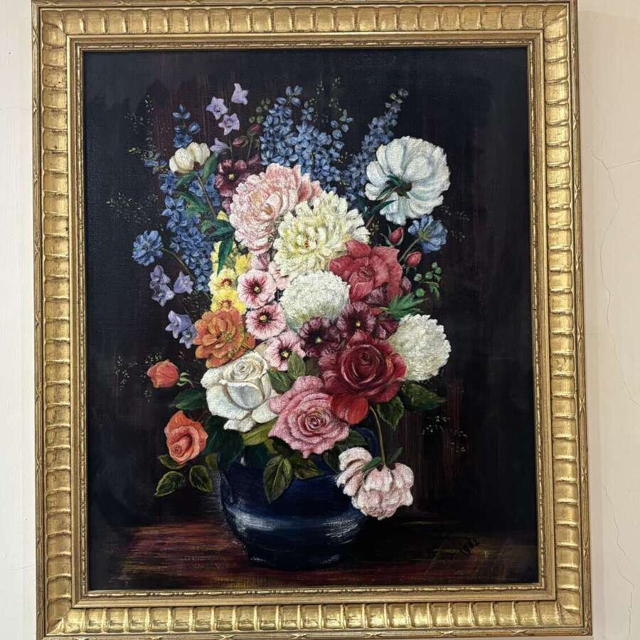 Anne Gibbons mid 20thC oil painting Still life Vase of Flowers framed 60/70cm