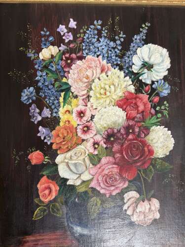Anne Gibbons mid 20thC oil painting Still life Vase of Flowers framed 60/70cm