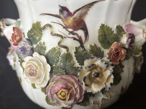 A Pair of Antique Meissen floral encrusted Handle Vases C1910 Stunning detail