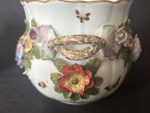 A Pair of Antique Meissen floral encrusted Handle Vases C1910 Stunning detail