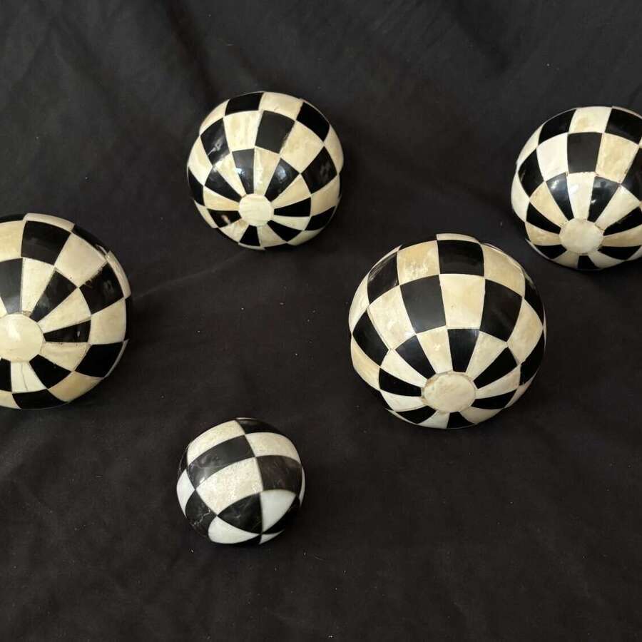 Antique Vintage Victorian Bone & Ebony wood Inlaid Carpet Balls set